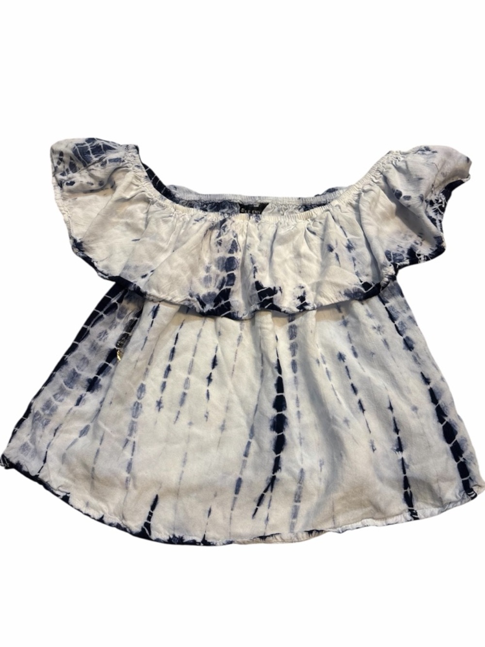 Style Envy White and Navy Tie-Dye Off-Shoulder Top